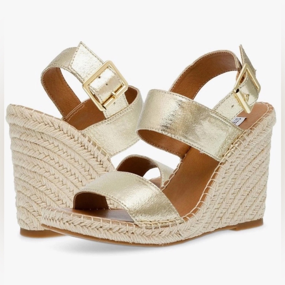 New! Steve Madden Gold Imply Espadrille Wedge Sandals Sz9 Casual Elegant Style